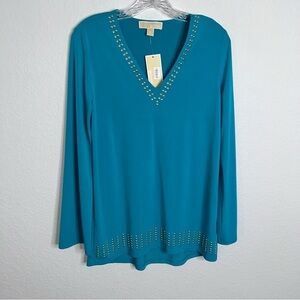 Michael Kors Top Women Small Shirt Teal Gold Studded Tunic Blouse B2